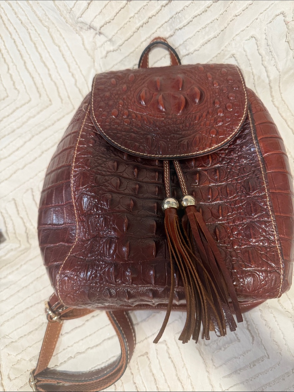 Croc-Embossed Tassel Backpack in Deep Brown